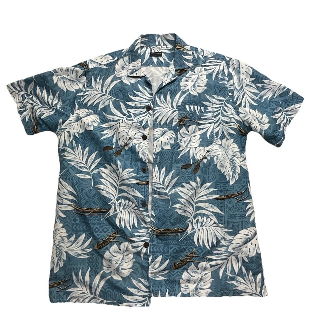 Tropical Storm Men's Shirt Size L Blue Aloha Hawaiian Floral Canoe Print Casual